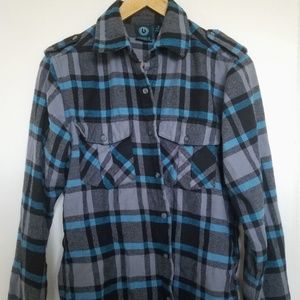 Burnside Long Sleeve Black and Blue Plaid Shirt